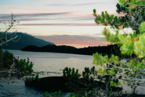 Lo scenario di Johnstone Strait al tramonto.
